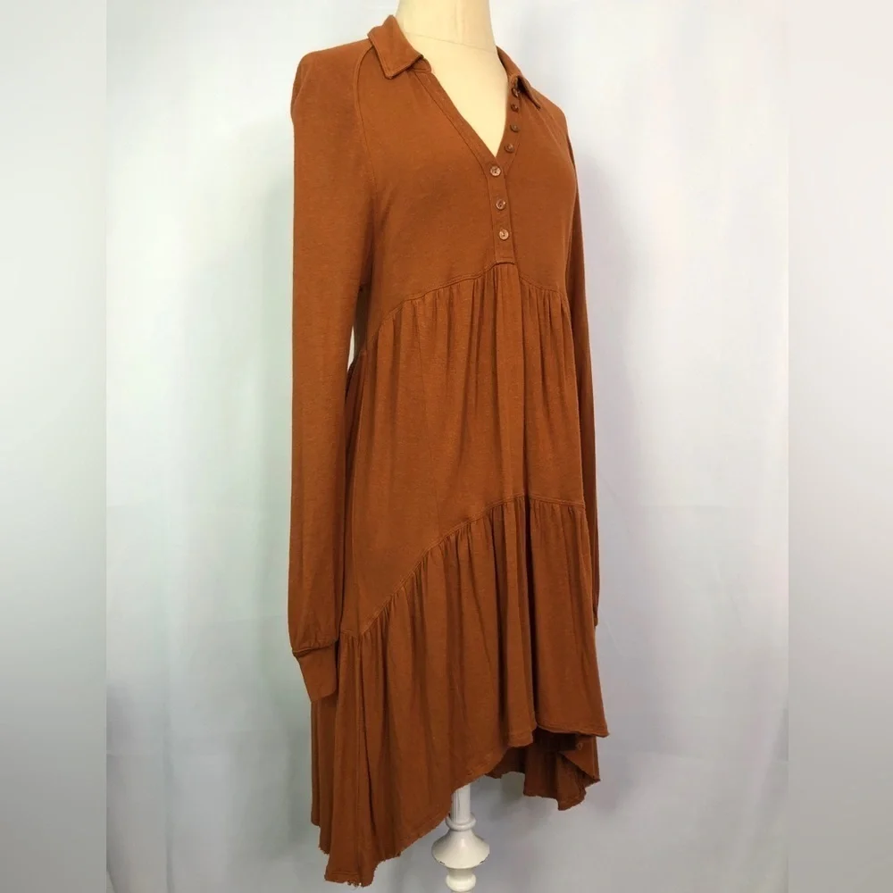 Free People Tiered Keyhole Boho Rayon Blend Long Sleeve Dress Rust Size XS
